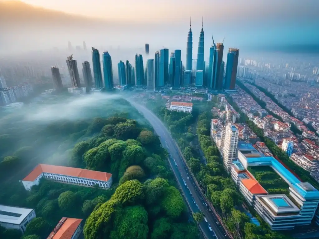 Vista aérea impactante de una ciudad emergente llena de vida Vista aérea impresionante de una ciudad bulliciosa en un mercado inmobiliario emergente internacional