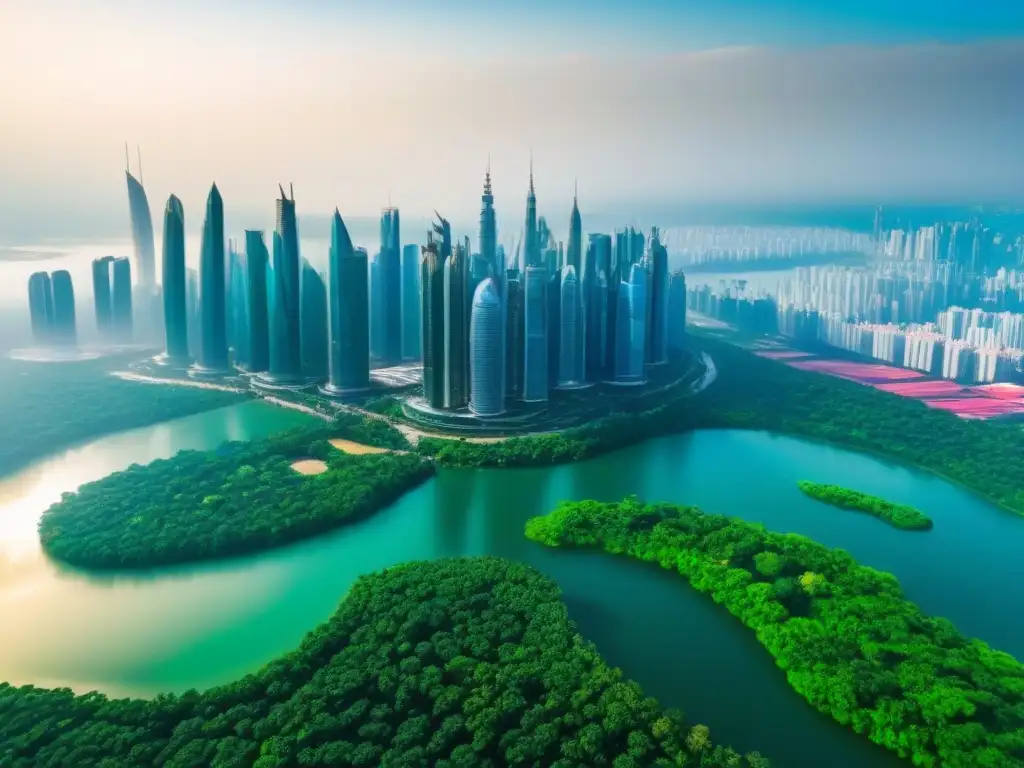 Horizonte urbano futurista: inversión en mercados emergentes Vista aérea impresionante de una ciudad futurista con rascacielos rodeados de naturaleza y agua, simbolizando oportunidades inversión mercado inmobiliario internacional