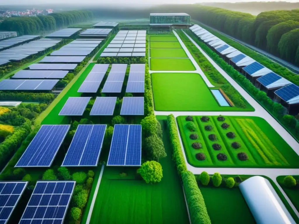 Metrópolis sostenible: armonía entre naturaleza y modernidad Vista aérea impresionante de una ciudad sostenible con techos verdes, paneles solares y transporte público eficiente
