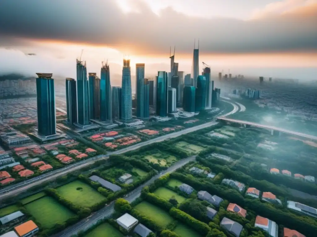 Metrópolis emergente: evolución dinámica del mercado inmobiliario Vista aérea impresionante de una ciudad en crecimiento en un mercado inmobiliario emergente, con rascacielos modernos y calles vibrantes
