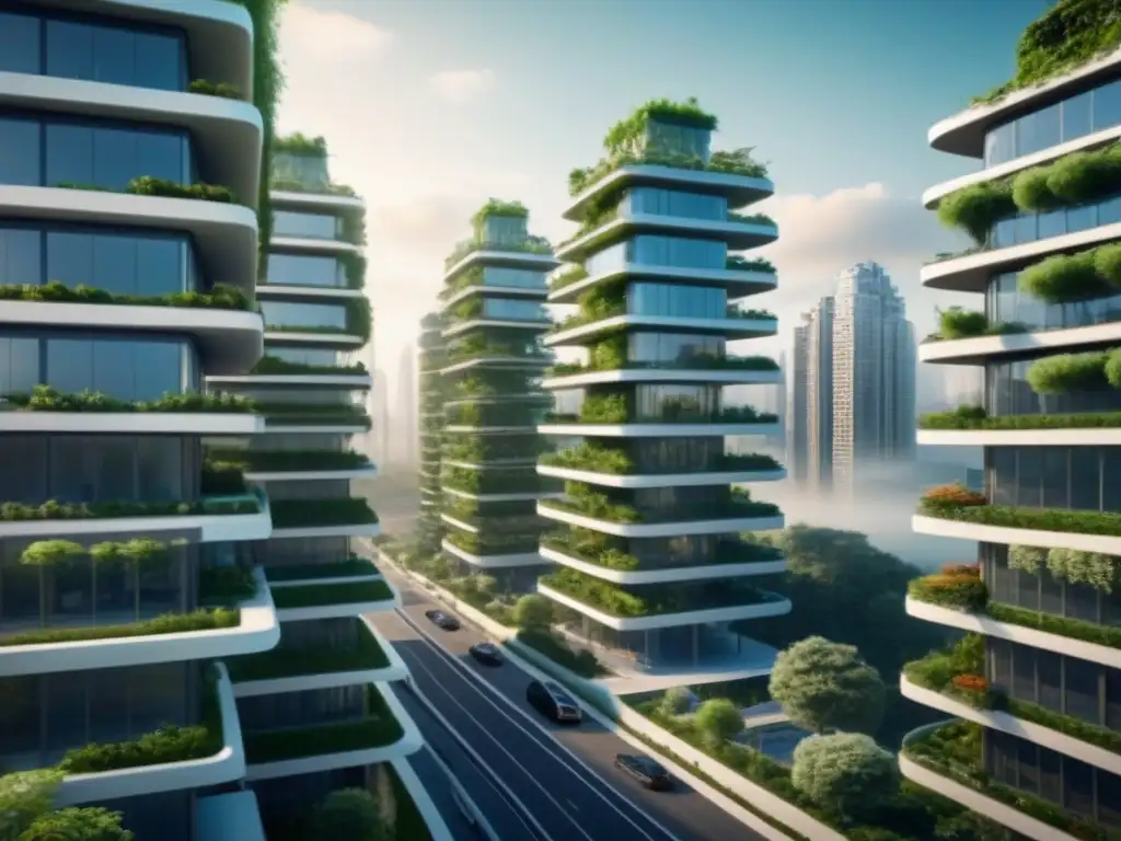 Metrópolis verde del futuro: arquitectura innovadora y sostenible Vista aérea impresionante de una ciudad futurista con edificios verdes innovadores, fusionando naturaleza y tecnología