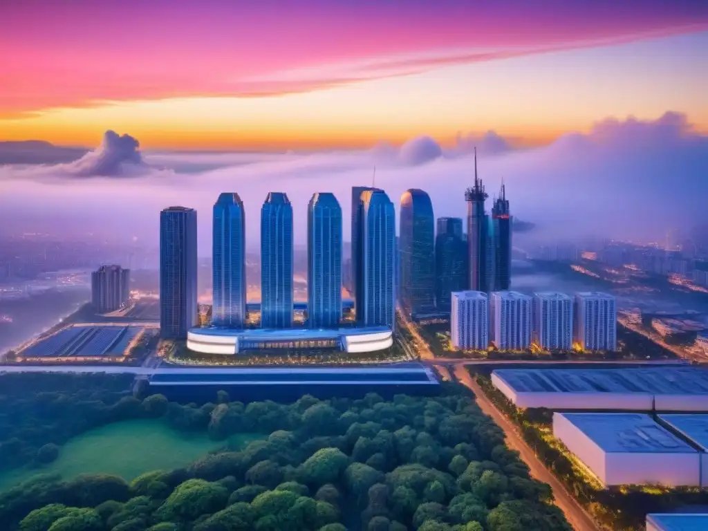 Horizonte urbano futurista: luces LED vibrantes en atardecer Vista aérea impresionante de ciudad al anochecer, rascacielos futuristas iluminados con luces LED vibrantes, contrastando con vegetación