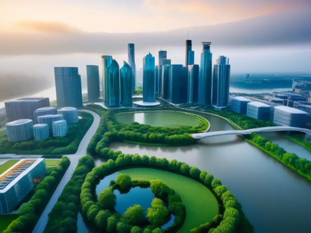 Cityscape sostenible con certificación LEED Vista aérea impresionante de una ciudad con rascacielos LEED, destacando la certificación LEED inversión inmobiliaria sostenible