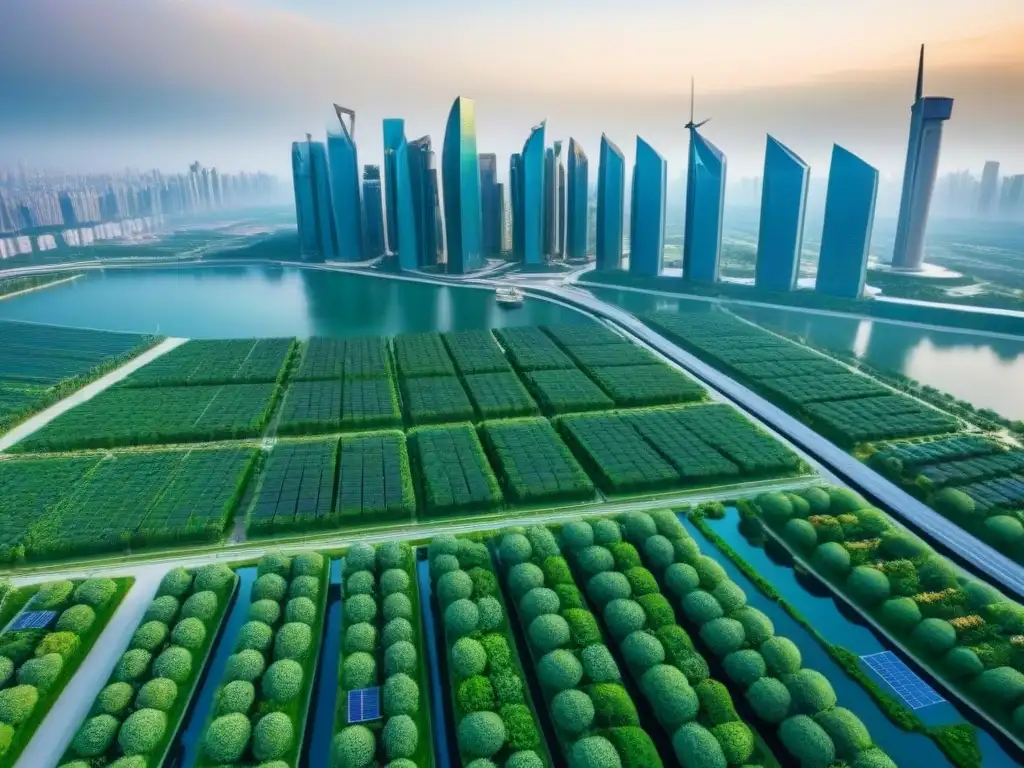 Metrópolis sostenible del futuro: cielo urbano de alta tecnología Vista aérea impresionante de una ciudad futurista sostenible con rascacielos verdes y energía renovable