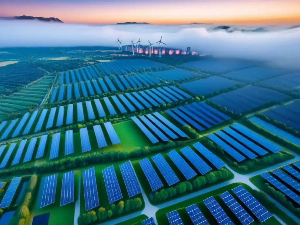 Arquitectura sostenible: ciudad ecoamigable bajo cielo azul Vista aérea impresionante de una ciudad sostenible con edificios ecoamigables integrados en espacios verdes, energías renovables y cielo azul