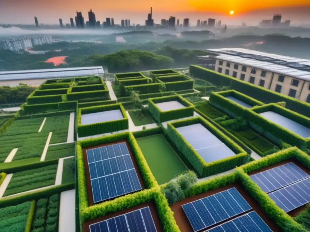 Horizonte sostenible: ciudad eco con edificios verdes y energía solar Vista aérea impresionante de ciudad sostenible con edificios verdes certificados LEED y BREEAM, paneles solares y jardines verticales