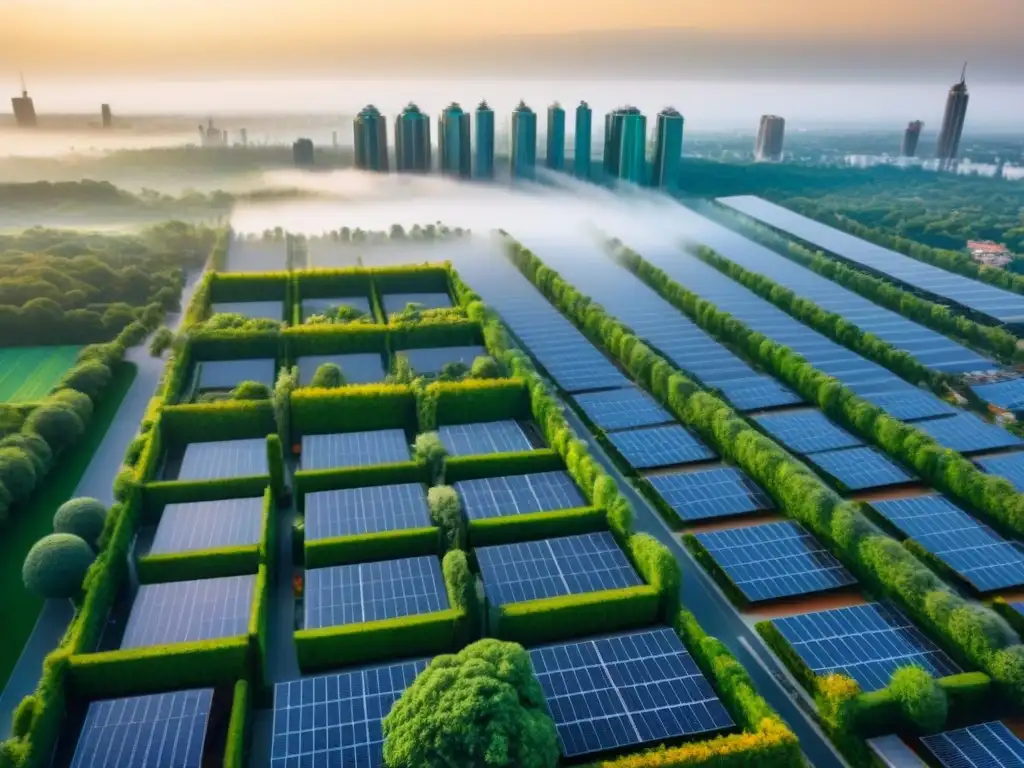 Cityscape eco-sostenible: armonía urbana y verde Vista aérea impresionante de una ciudad ecofriendly, con edificios verdes, paneles solares, jardines en azoteas y autos eléctricos