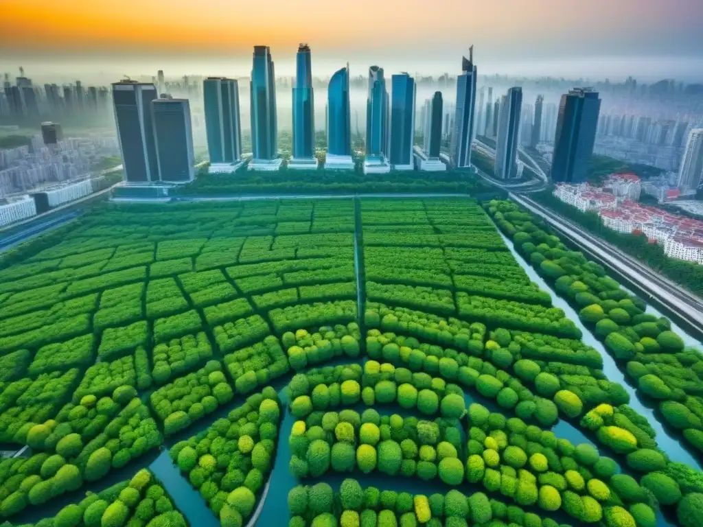 Metrópolis verde: jardines en azoteas urbanas Vista aérea impresionante de una ciudad urbana con rascacielos y techos verdes para inversores internacionales bajo un cielo azul claro