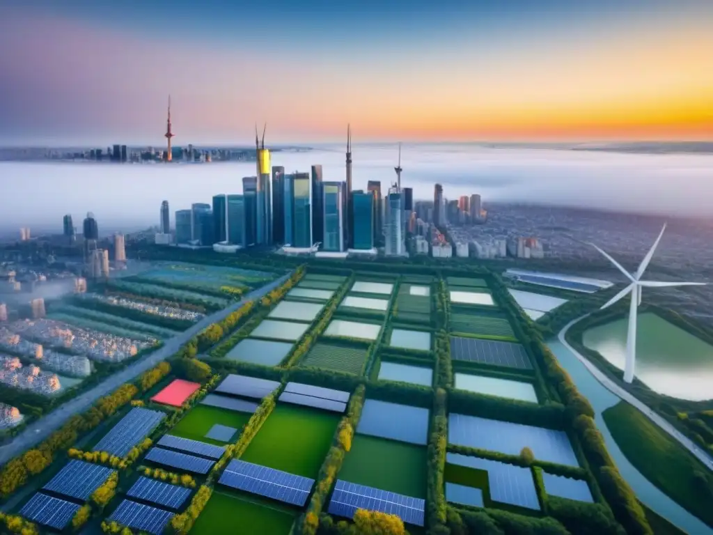Horizonte urbano sostenible: energía renovable en la ciudad Vista aérea impresionante de una ciudad moderna con edificios ecológicos, paneles solares y energía renovable para edificaciones internacionales