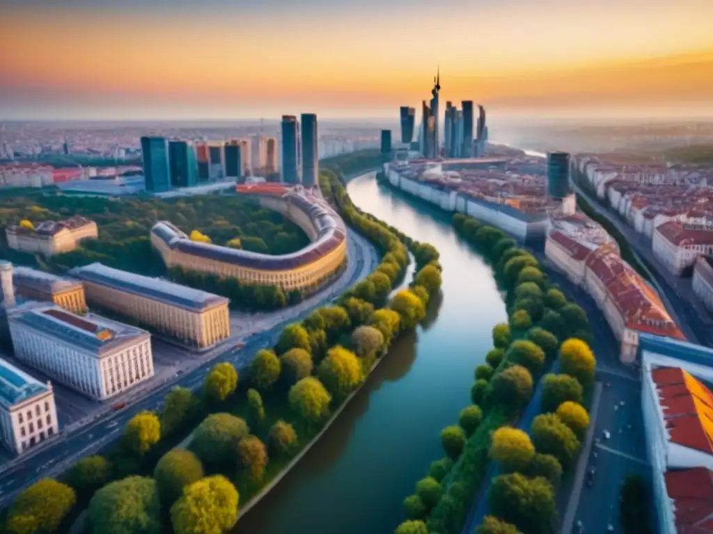 Horizonte urbano en Europa del Este: fusión arquitectónica y naturaleza Vista aérea impresionante de la ciudad en Europa del Este, combinando historia y modernidad, rodeada de vegetación y un río