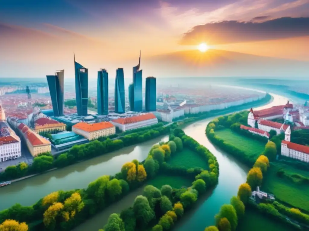 Horizonte urbano: fusión de historia y modernidad en Europa del Este Vista aérea impresionante de la ciudad en Europa del Este, fusionando arquitectura histórica y moderna