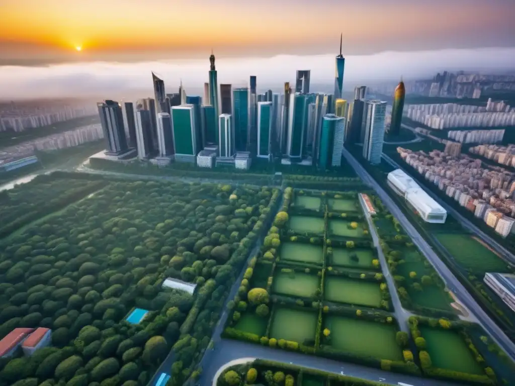 Armonía urbana: Ciudad moderna con educación y naturaleza Una vista aérea impresionante de la ciudad con rascacielos, parques verdes y centros educativos