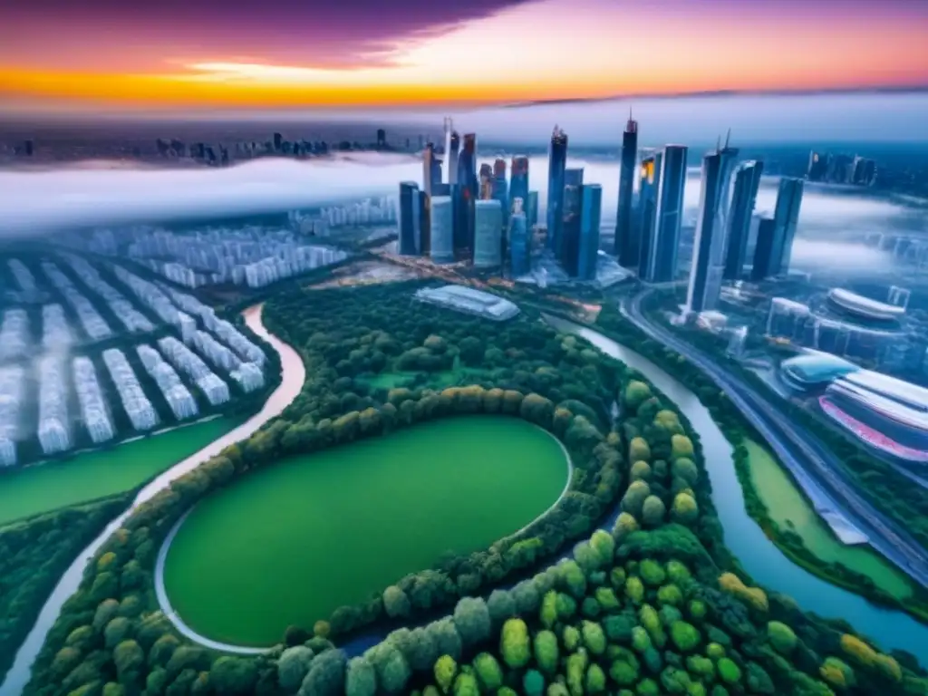 Vista aérea impresionante de una ciudad moderna al atardecer Vista aérea impresionante de una ciudad vibrante con rascacielos, parques verdes y un río, iluminada por el atardecer