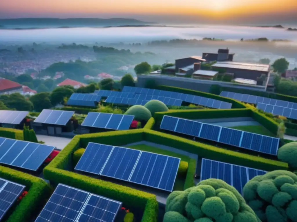 Cityscape sostenible: diseño innovador y compromiso ecológico Una vista aérea impresionante de una ciudad vibrante llena de edificios sostenibles con paneles solares y techos verdes
