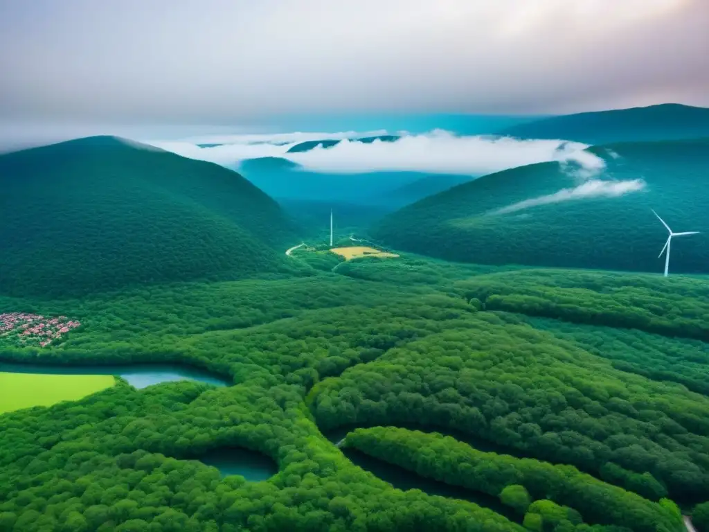 Utopía verde: ciudad sostenible en armonía con la naturaleza Vista aérea impresionante de una ciudad verde sostenible con edificios ecofriendly, paneles solares y turbinas eólicas