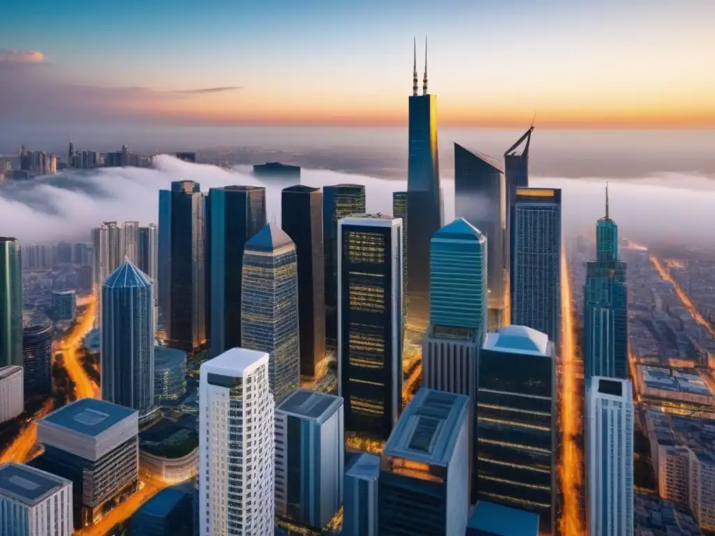 Metrópolis vibrante: oportunidades de inversión en bienes raíces Vista aérea impresionante de una ciudad bulliciosa con rascacielos, reflejando energía urbana
