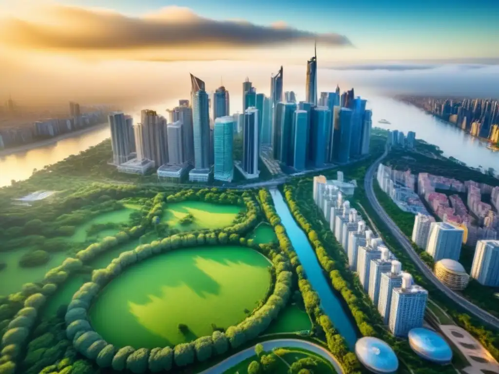 Esplendor urbano: ciudades prósperas y modernas Vista aérea impresionante de una ciudad bulliciosa con rascacielos relucientes, parques verdes y zonas costeras vibrantes