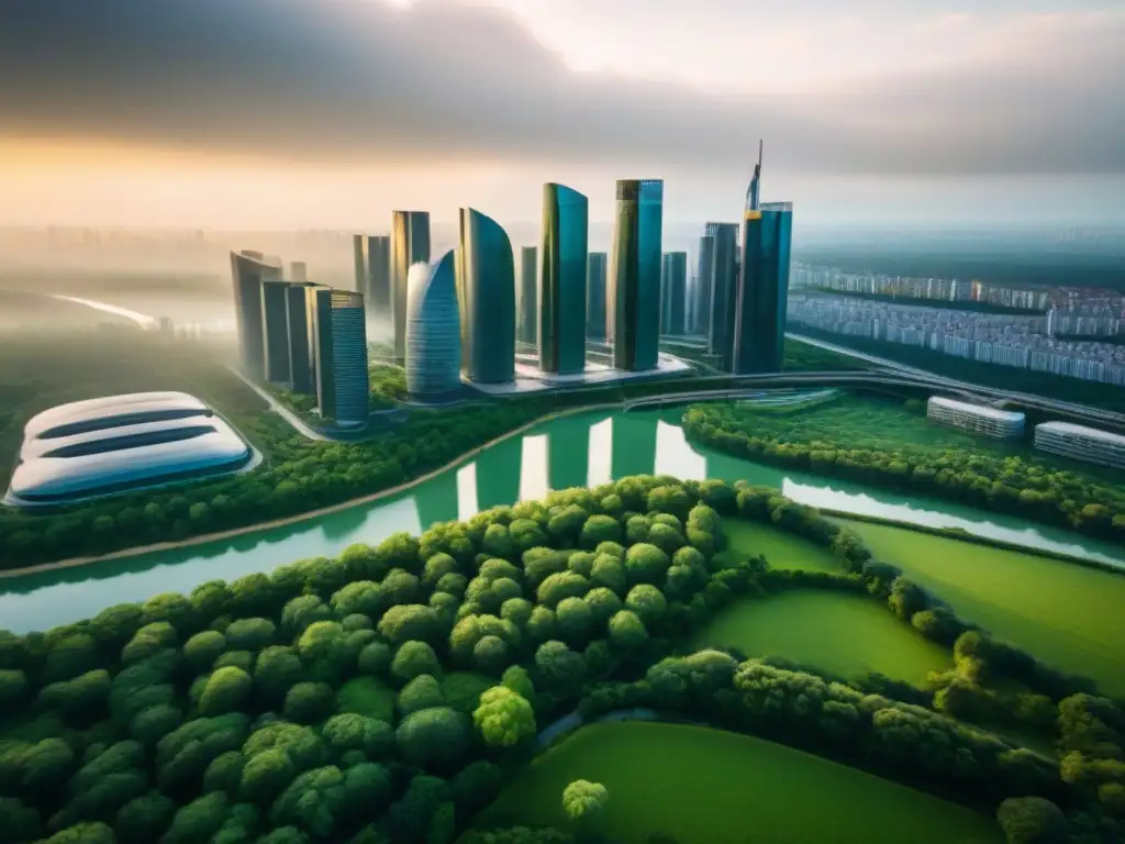 Metrópolis moderna: rascacielos, parques y ríos en armonía Una vista aérea impresionante de una ciudad con rascacielos modernos rodeados de parques verdes y ríos, mostrando una fusión armoniosa entre desarrollo urbano y naturaleza