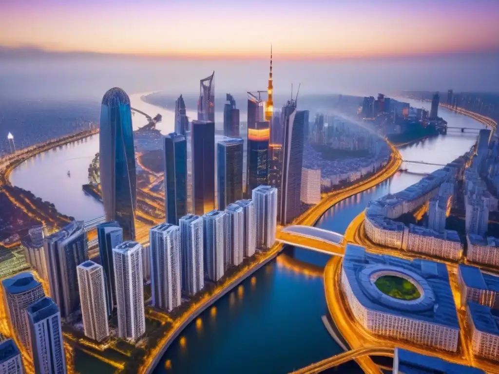 Metrópolis moderna: luces, río y arquitectura diversa Vista aérea impresionante de una ciudad moderna con rascacielos de distintos estilos arquitectónicos