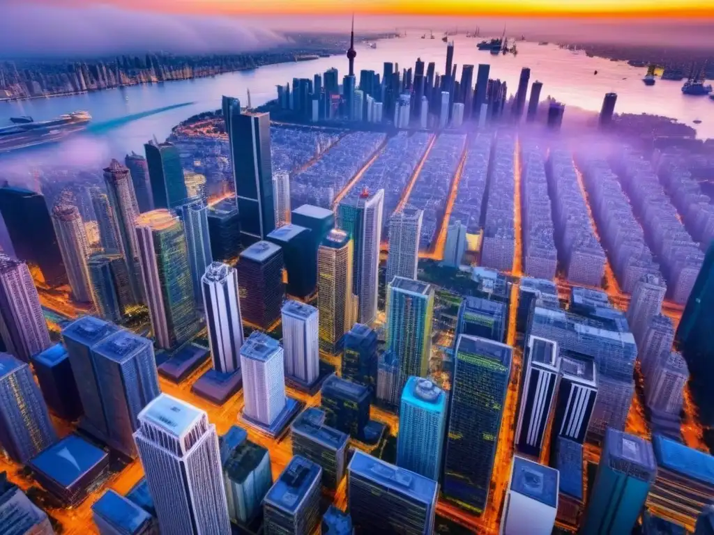 Metrópolis global: arquitectura moderna enérgica Vista aérea impresionante de una ciudad moderna llena de rascacielos, reflejando estrategias de diversificación inversión inmobiliaria internacional