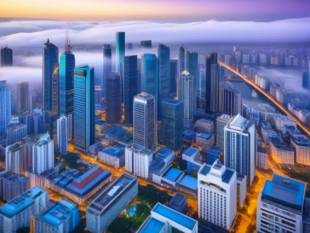 Esplendor inmobiliario: ciudad moderna y histórica Vista aérea impresionante de una ciudad bulliciosa con rascacielos modernos y arquitectura histórica, reflejando los Mercados inmobiliarios internacionales rentables