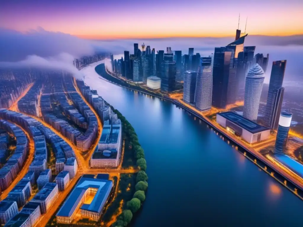 Inversión inmobiliaria en ciudad moderna al atardecer Vista aérea impresionante de la ciudad al anochecer con rascacielos modernos y edificios históricos