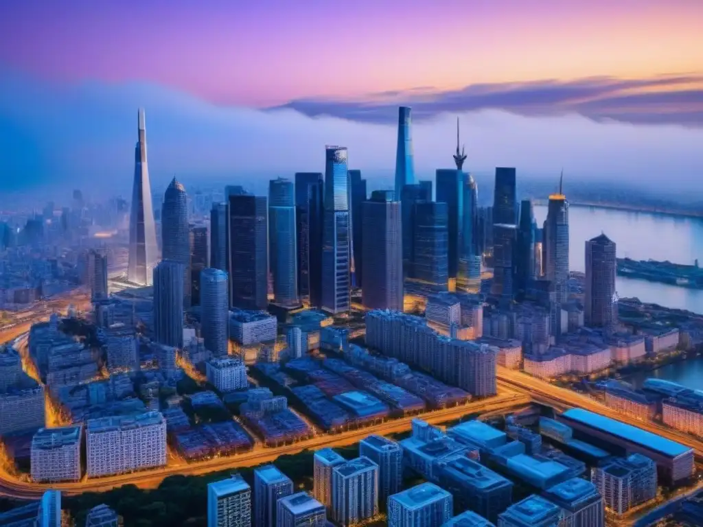 Espléndida ciudad moderna al anochecer: metrópolis iluminada Vista aérea impresionante de la ciudad al anochecer, con rascacielos modernos iluminados