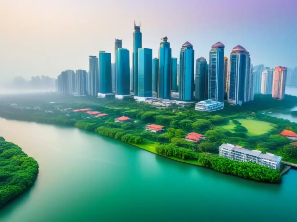 Vista aérea de ciudad moderna y verde Vista aérea impresionante de una ciudad con rascacielos modernos y edificios de lujo entre parques verdes y waterfronts vibrantes