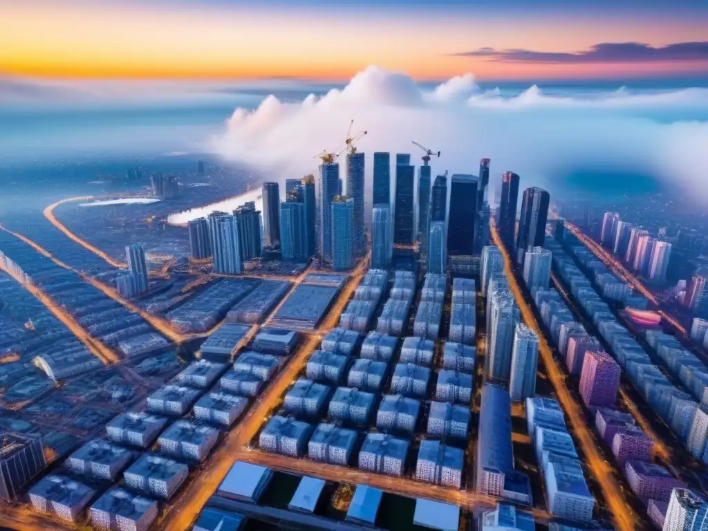 Inversiones inmobiliarias: luces y sombras en la ciudad Vista aérea impresionante de una ciudad bulliciosa con rascacielos y obras en construcción, destacando errores comunes inversiones inmobiliarias
