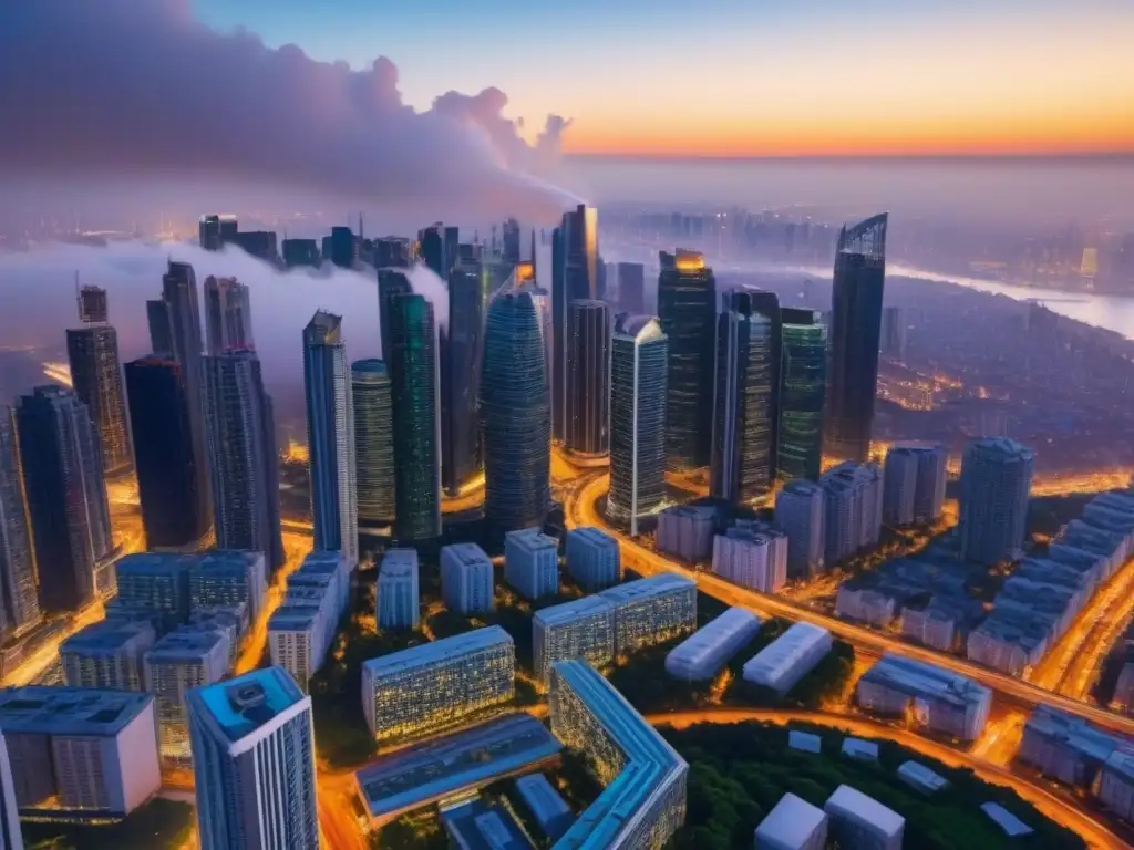 Vista aérea impresionante de una ciudad dinámica con rascacielos y arquitectura moderna reflejando las Estrategias anticíclicas mercado inmobiliario