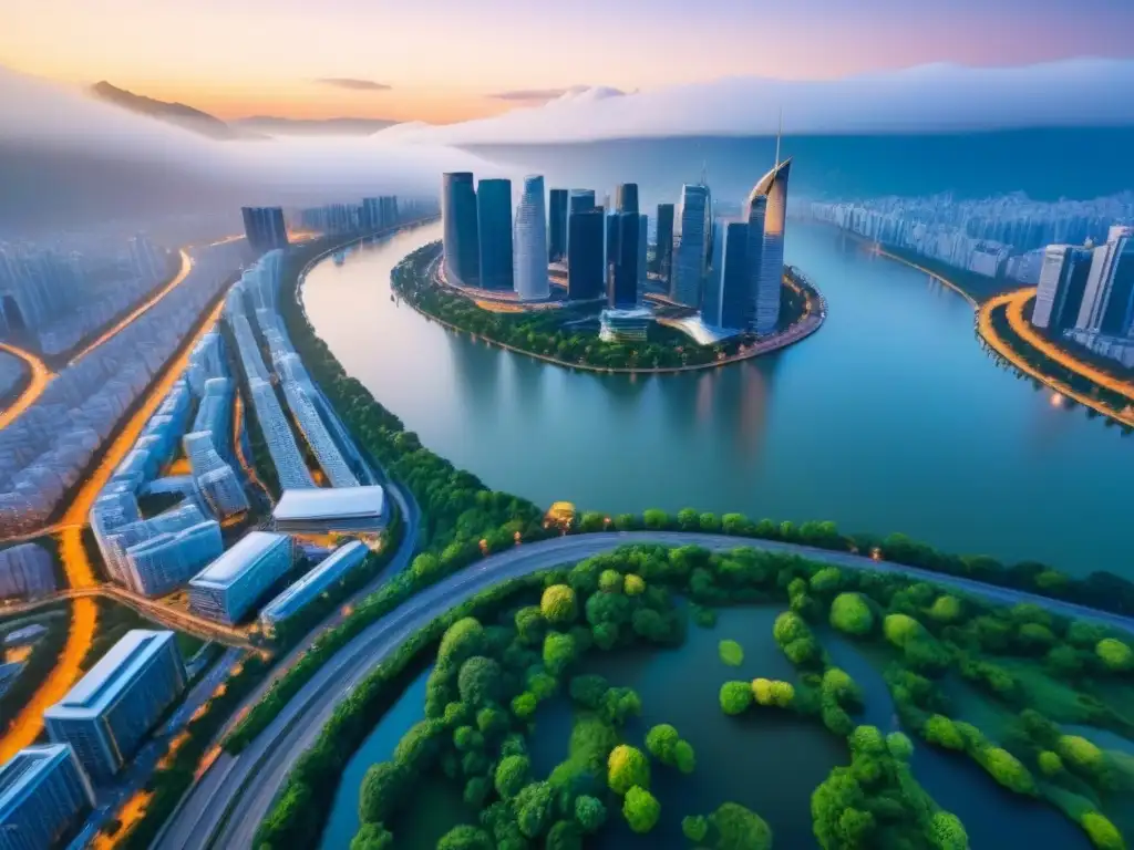 Espléndida ciudad al atardecer: inversión inmobiliaria global Vista aérea impresionante de una ciudad moderna al atardecer, con ríos, montañas, vegetación exuberante y un vibrante puerto
