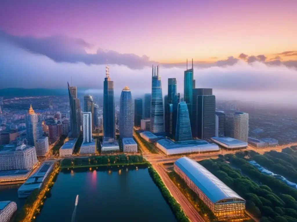 Horizonte urbano diverso: inversión inmobiliaria internacional Vista aérea impresionante de una ciudad diversa al anochecer, con rascacielos, edificios históricos y espacios verdes, iluminados por las luces de la ciudad