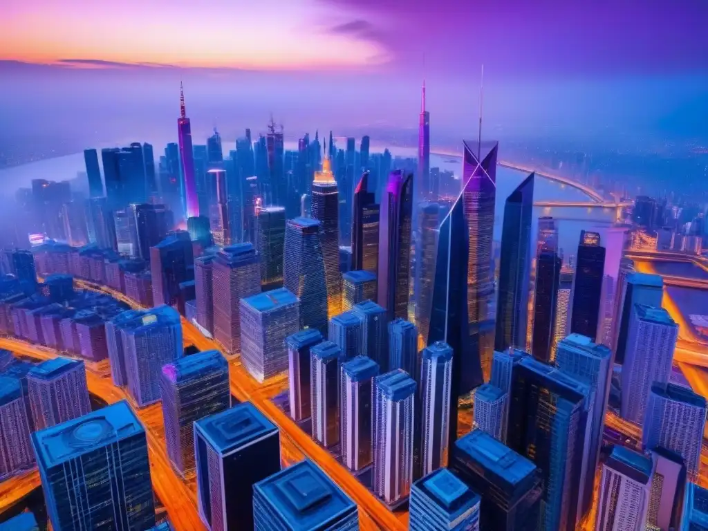 Horizonte urbano moderno en atardecer vibrante Vista aérea impresionante de una ciudad moderna y vibrante al atardecer