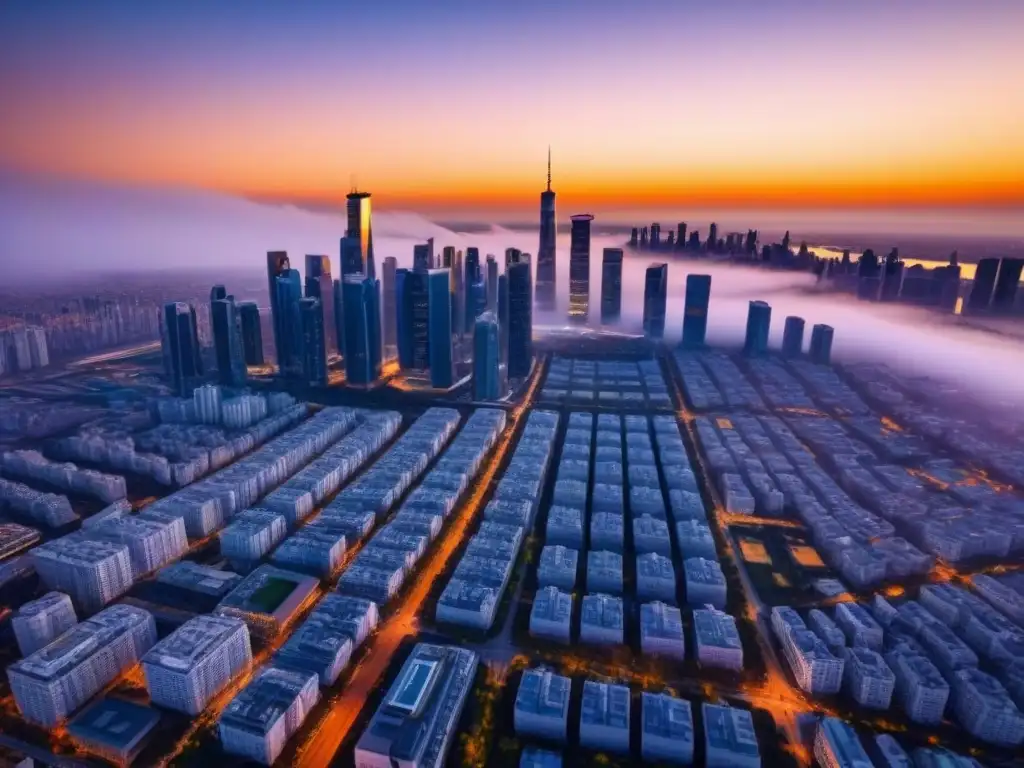 Horizonte futurista al atardecer: innovación en inversión inmobiliaria Una vista aérea impresionante de una ciudad futurista al atardecer, con rascacielos, jardines en azoteas verdes y calles llenas de vehículos autónomos
