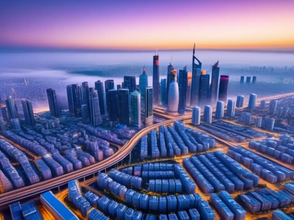 Horizonte futurista: ciudad innovadora de rascacielos y tecnología avanzada Vista aérea impresionante de una ciudad futurista al anochecer