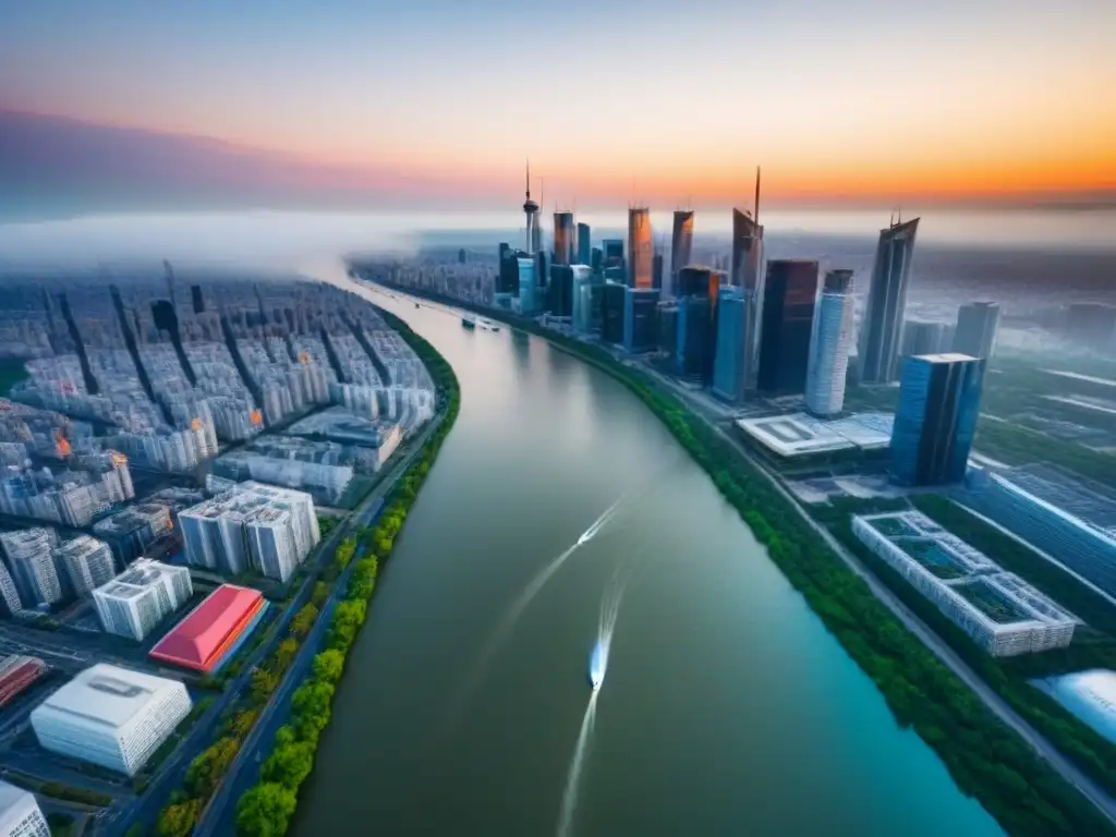 Horizonte urbano de rascacielos junto al río al atardecer Vista aérea impresionante de una ciudad con rascacielos junto al río al atardecer