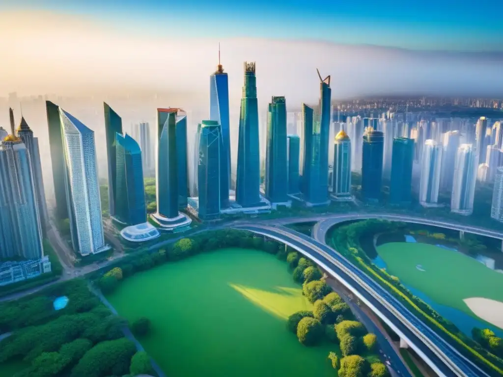 Metrópolis global: oportunidades de inversión inmobiliaria internacional Vista aérea impresionante de una ciudad diversa con rascacielos y parques, simbolizando oportunidades de inversión inmobiliaria internacional