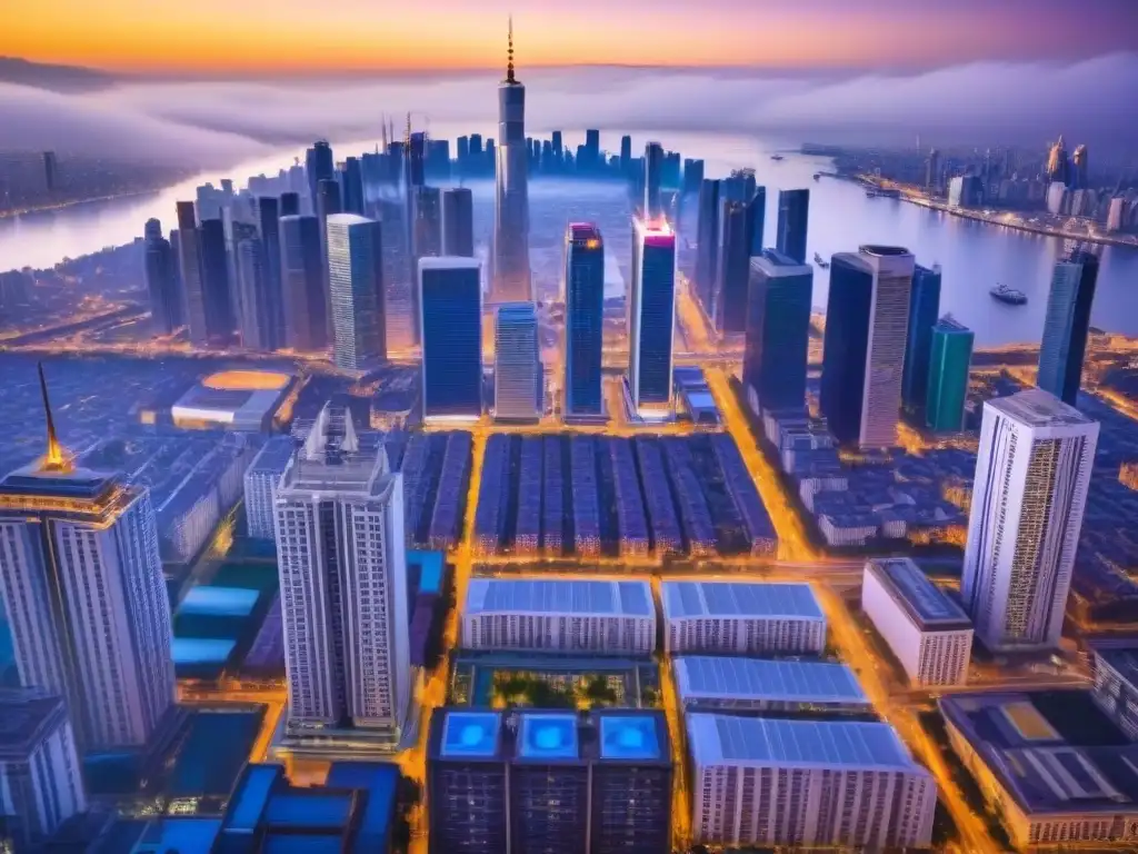 Metrópolis vibrante: modernidad y tradición en economía emergente Vista aérea impresionante de una ciudad emergente con modernos rascacielos y arquitectura tradicional, calles vibrantes llenas de gente y vehículos