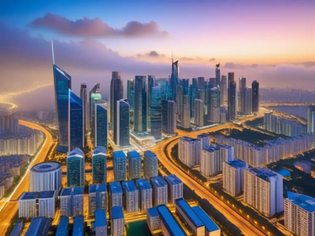 Increíble panorama urbano: luces, rascacielos y redes financieras globales Vista aérea impresionante de una ciudad bulliciosa con rascacielos modernos y edificios residenciales, mostrando la red de calles y autopistas