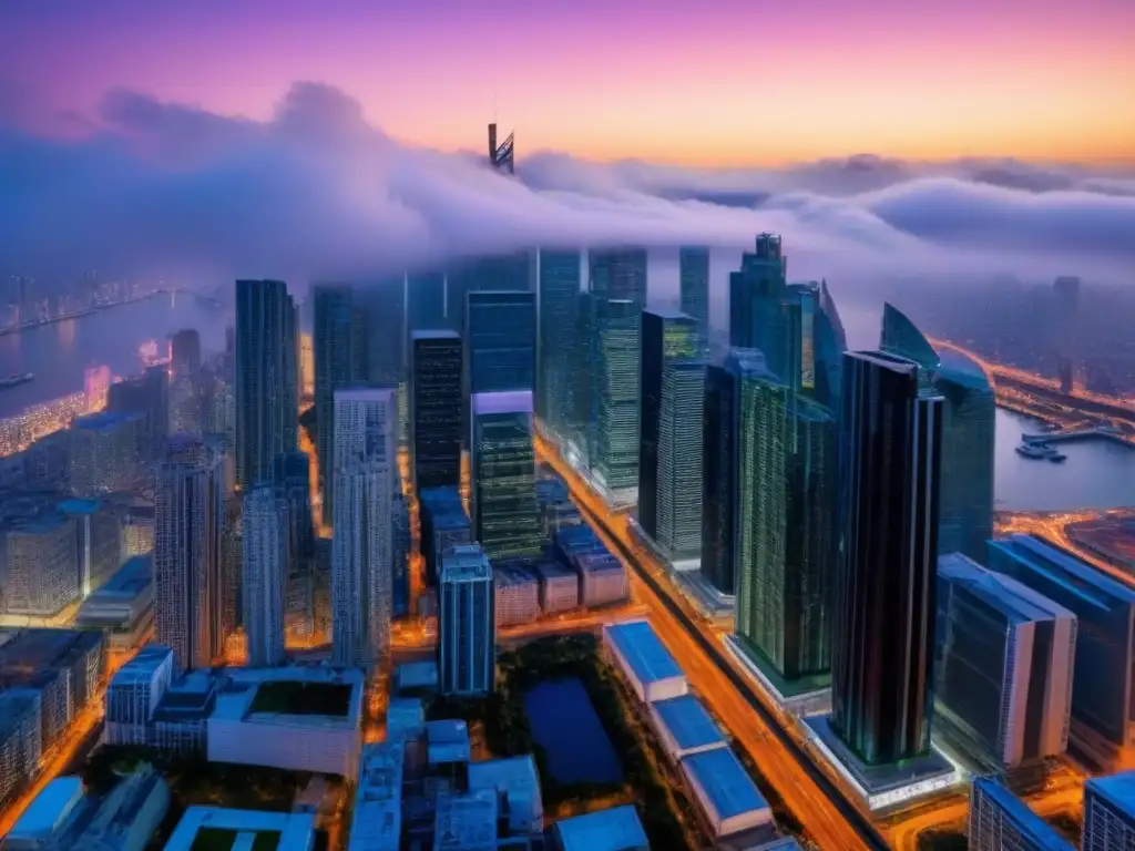 Espectacular ciudad iluminada al atardecer: ícono de éxito inmobiliario Vista aérea impresionante de una ciudad iluminada al anochecer, simbolizando el éxito en estrategia fusión Essex BRE Properties