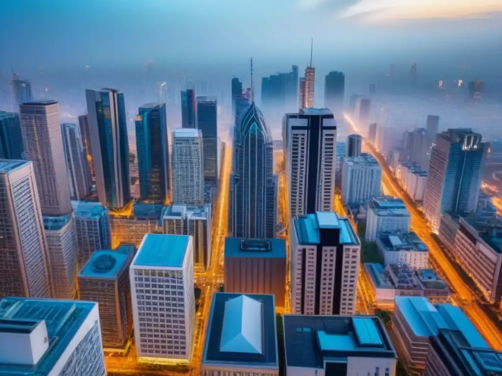 Metrópolis emergente: inversión inmobiliaria internacional Una vista aérea impresionante de una ciudad bulliciosa en una economía emergente, con rascacielos modernos y arquitectura tradicional, mercados vibrantes y calles concurridas