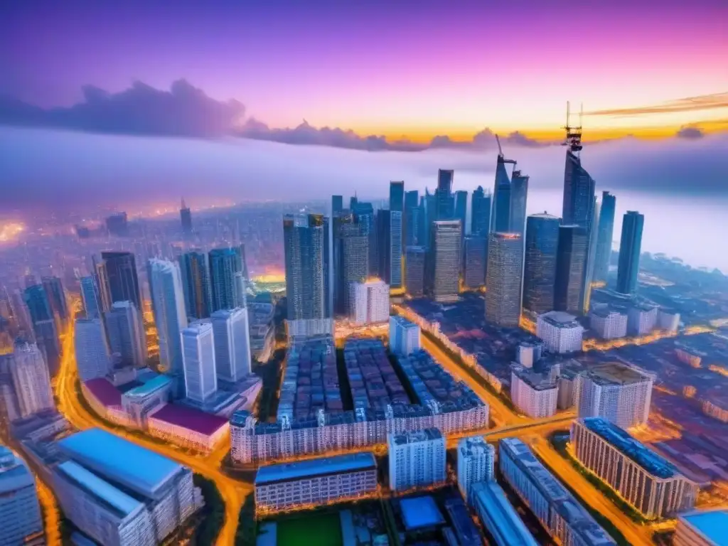 Skyline urbano vibrante en mercado emergente Vista aérea impresionante de una ciudad en mercado inmobiliario emergente, con rascacielos y luces coloridas al anochecer