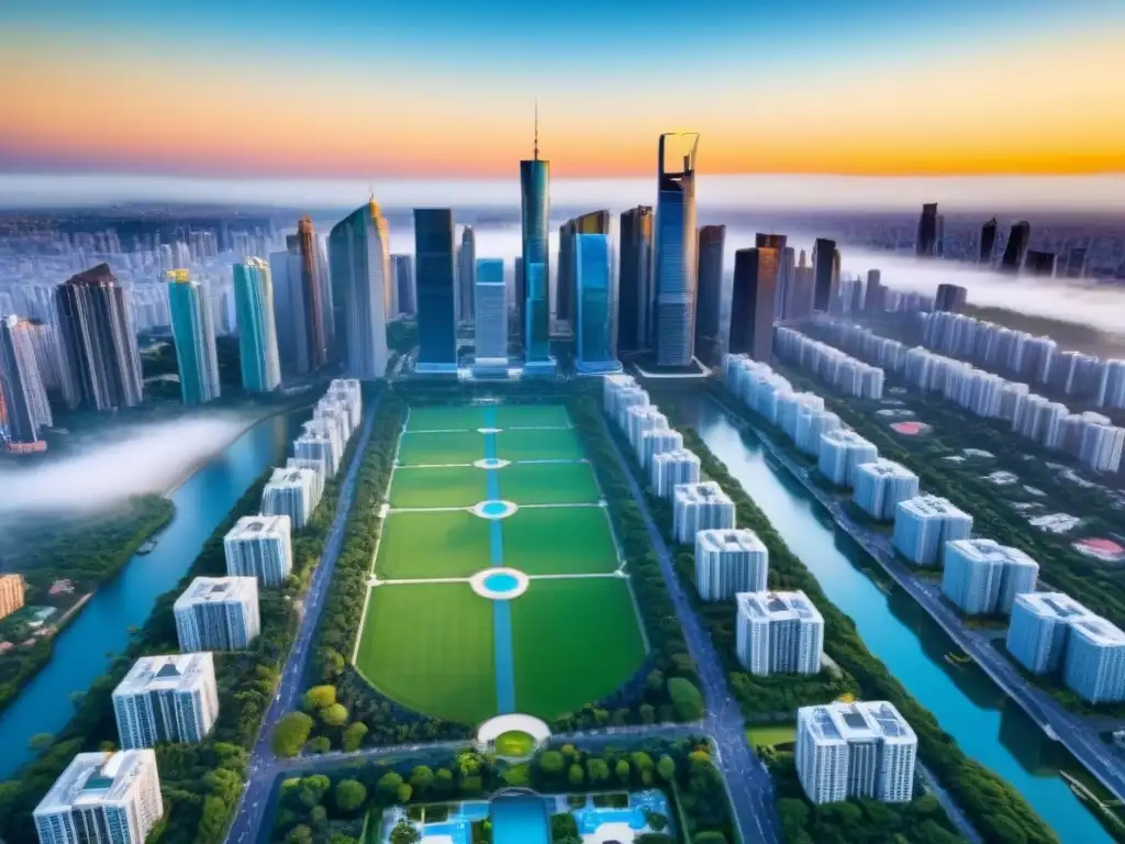 Espléndida ciudad moderna al atardecer: rascacielos, parques y lujo Vista aérea impresionante de una ciudad bulliciosa al atardecer, con rascacielos modernos, parques verdes y agua brillante