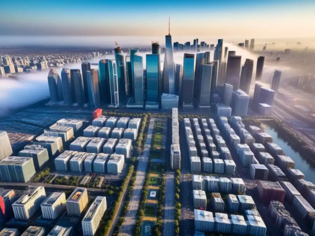 Horizonte urbano moderno: oportunidades de inversión inigualables Vista aérea impresionante de una ciudad bulliciosa con rascacielos relucientes al sol, reflejando estrategias éxito inversión inmobiliaria novatos