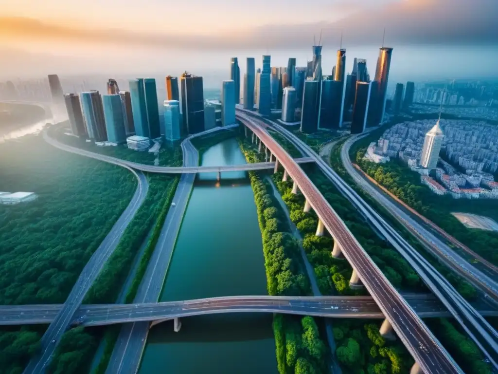 Vista aérea impresionante de la ciudad con rascacielos, naturaleza y redes viales, simbolizando las barreras en M&A para inversores