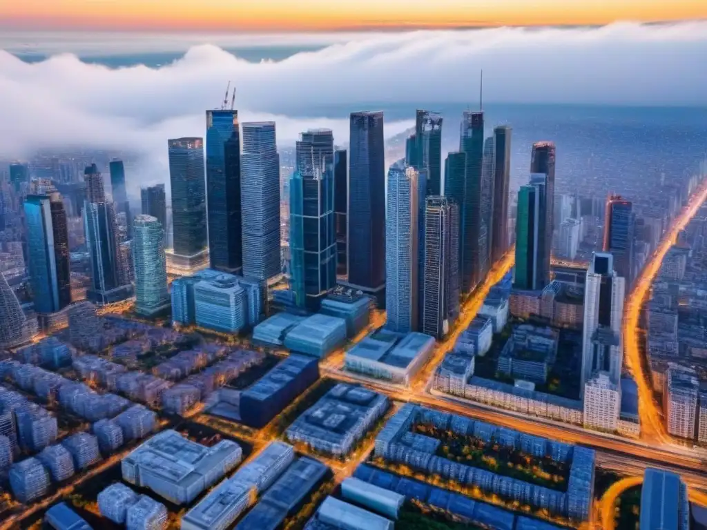 Cityscape vibrante: inversión inmobiliaria en auge Vista aérea impresionante de una ciudad llena de rascacielos, reflejando la importancia de la Due Diligence en el mercado inmobiliario