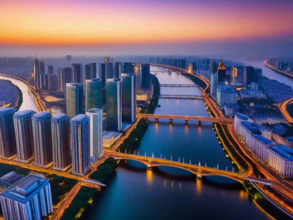 Espectacular vista aérea de ciudad cosmopolita al atardecer Vista aérea impresionante de una ciudad bulliciosa al atardecer, destacando rascacielos modernos y arquitectura histórica