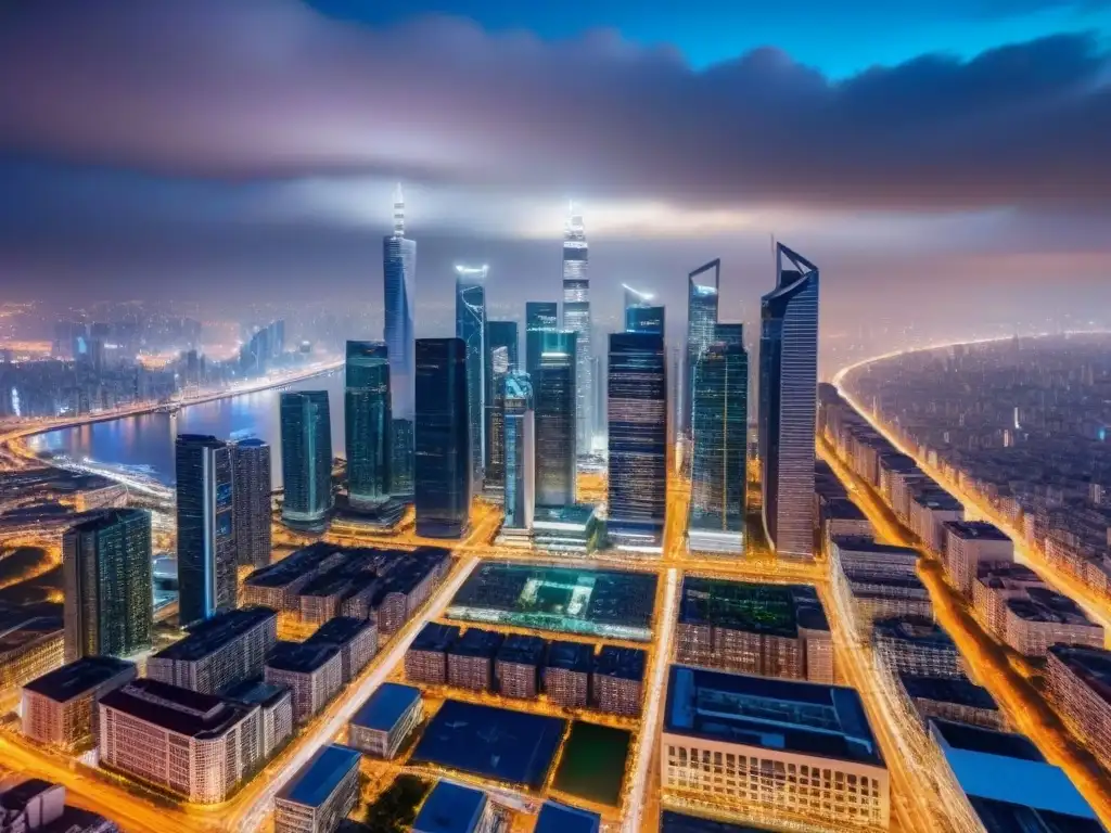 Metrópolis global: luces, rascacielos y mercado inmobiliario Vista aérea impresionante de una ciudad bulliciosa con rascacielos imponentes en un mercado inmobiliario internacional vibrante