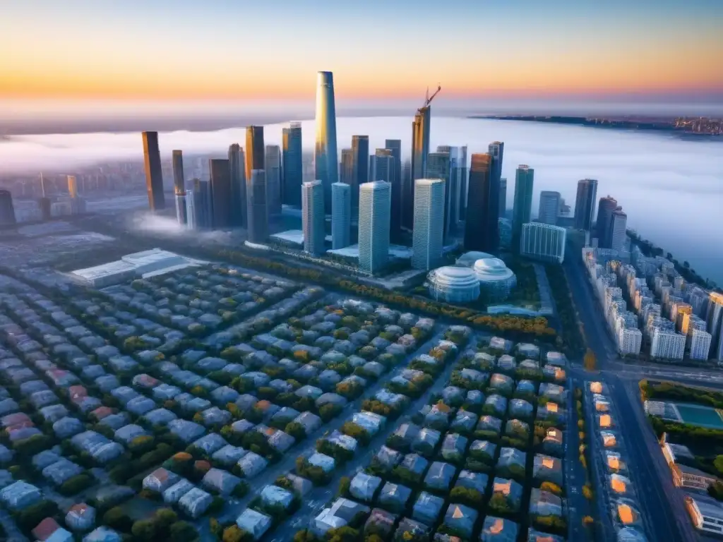 Metrópolis vibrante: modernidad y diversidad urbanas en un paisaje único Vista aérea impresionante de una ciudad bulliciosa con rascacielos, reflejando inversiones inmobiliarias internacionales rentables