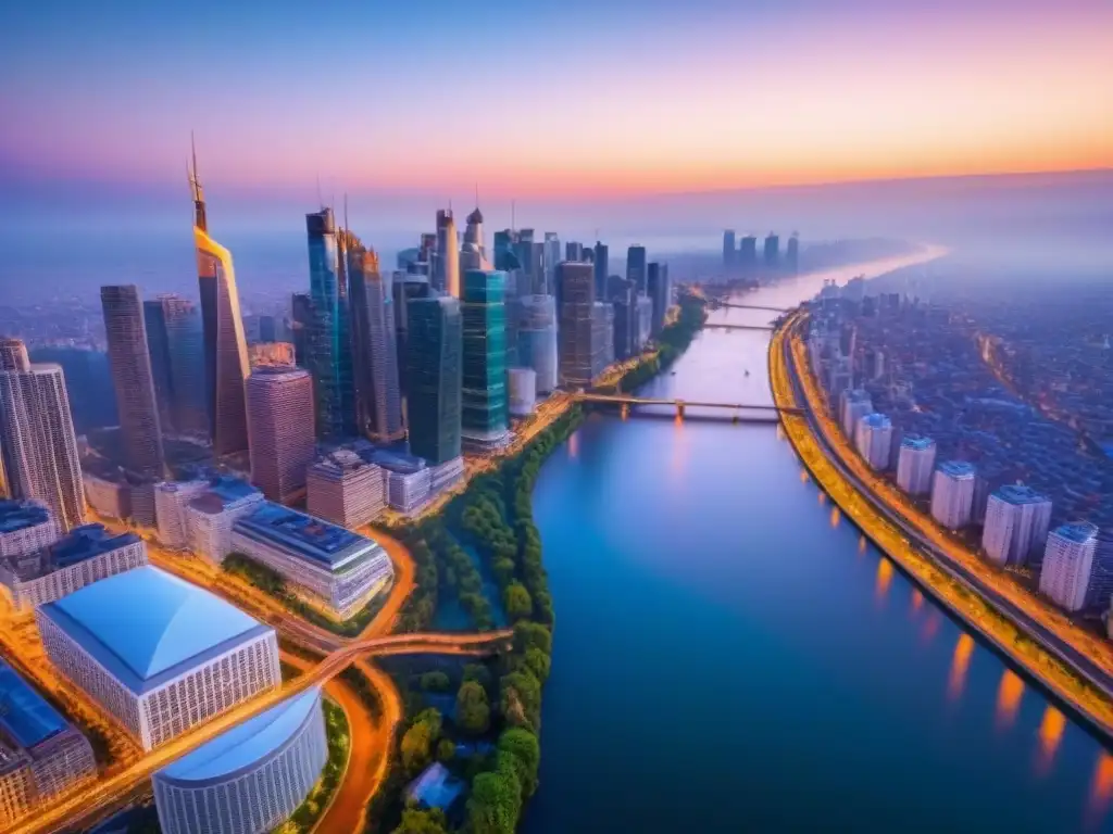 Espectacular panorama urbano al anochecer: luces vibrantes y río reflejando modernidad Vista aérea impresionante de una ciudad al anochecer con rascacielos iluminados y un río